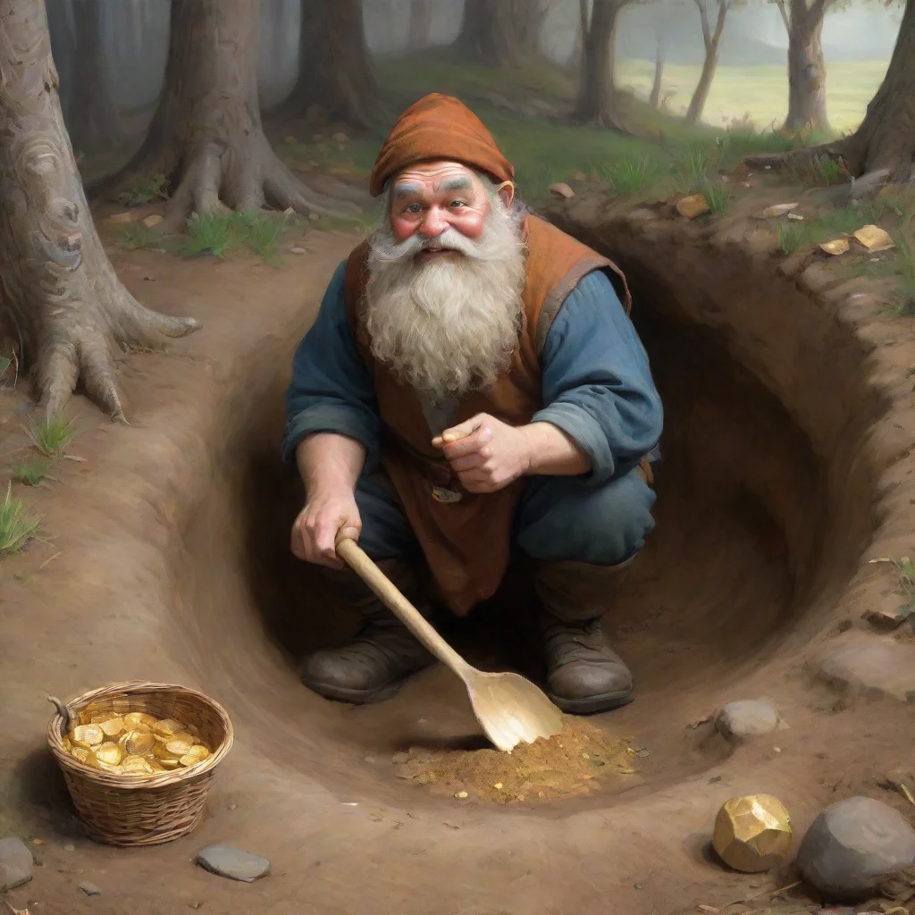 ai a dwarf digging a hole to hide a basket of gold there