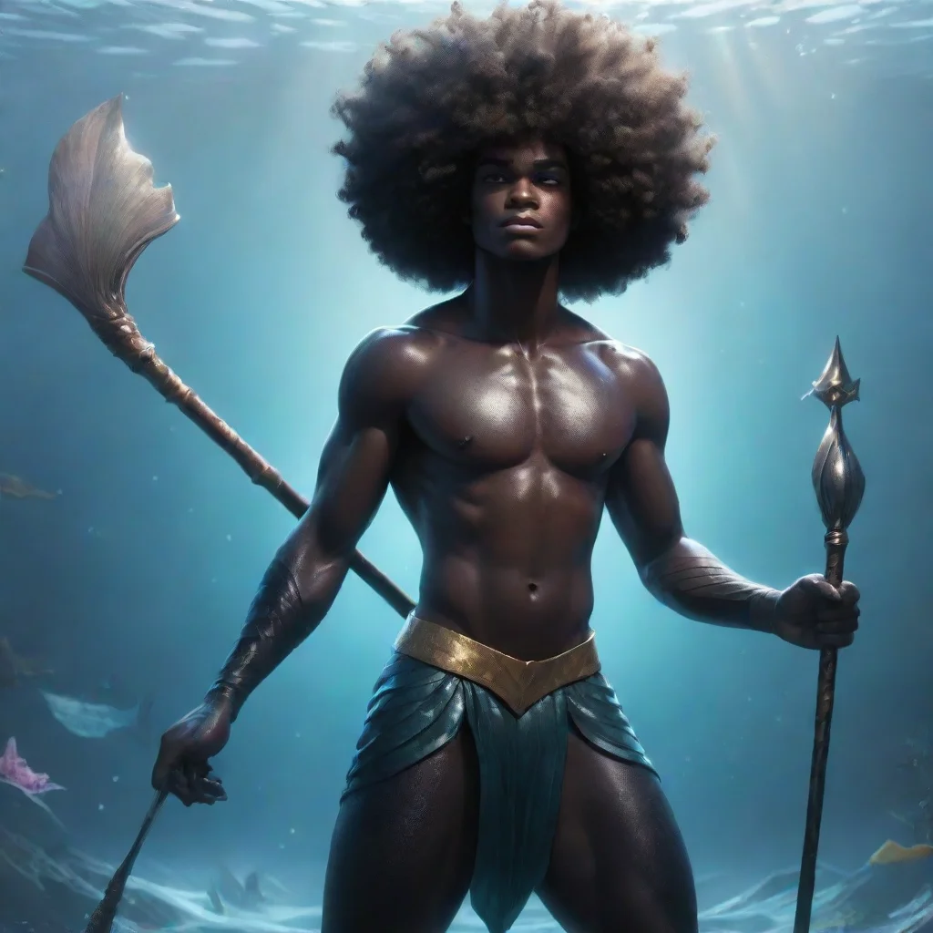 a ethereal black mermaid man with a afro and a spear confident engaging wow artstation art 3