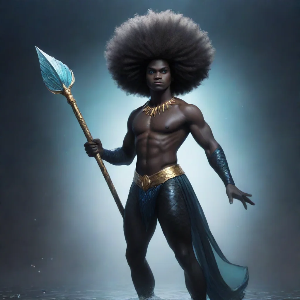 ai a ethereal black mermaid man with a afro and a spear