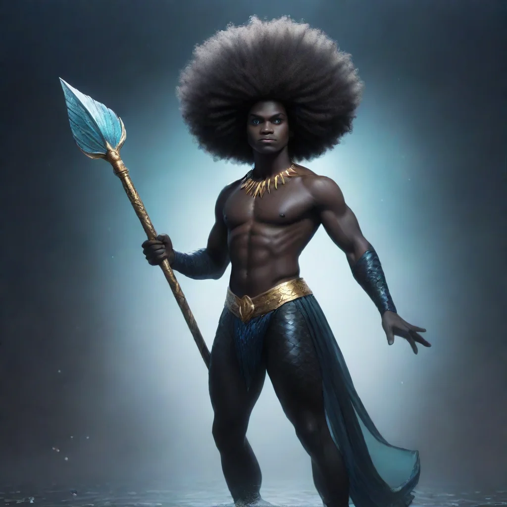 a ethereal black mermaid man with a afro and a spear