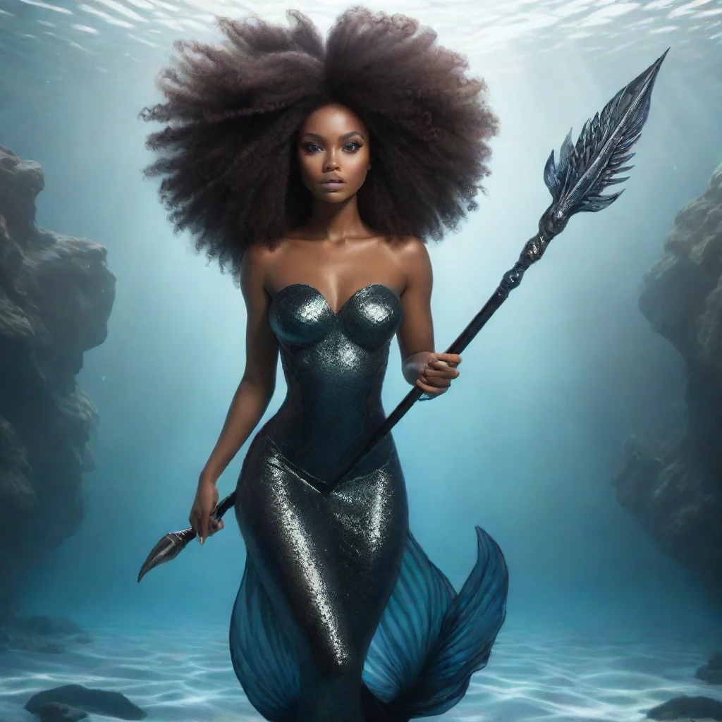 a ethereal black mermaid womain with a afro and a spear good looking trending fantastic 1