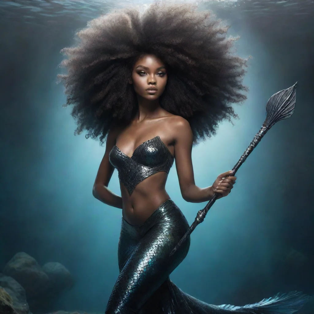 a ethereal black mermaid womain with a afro and a spear