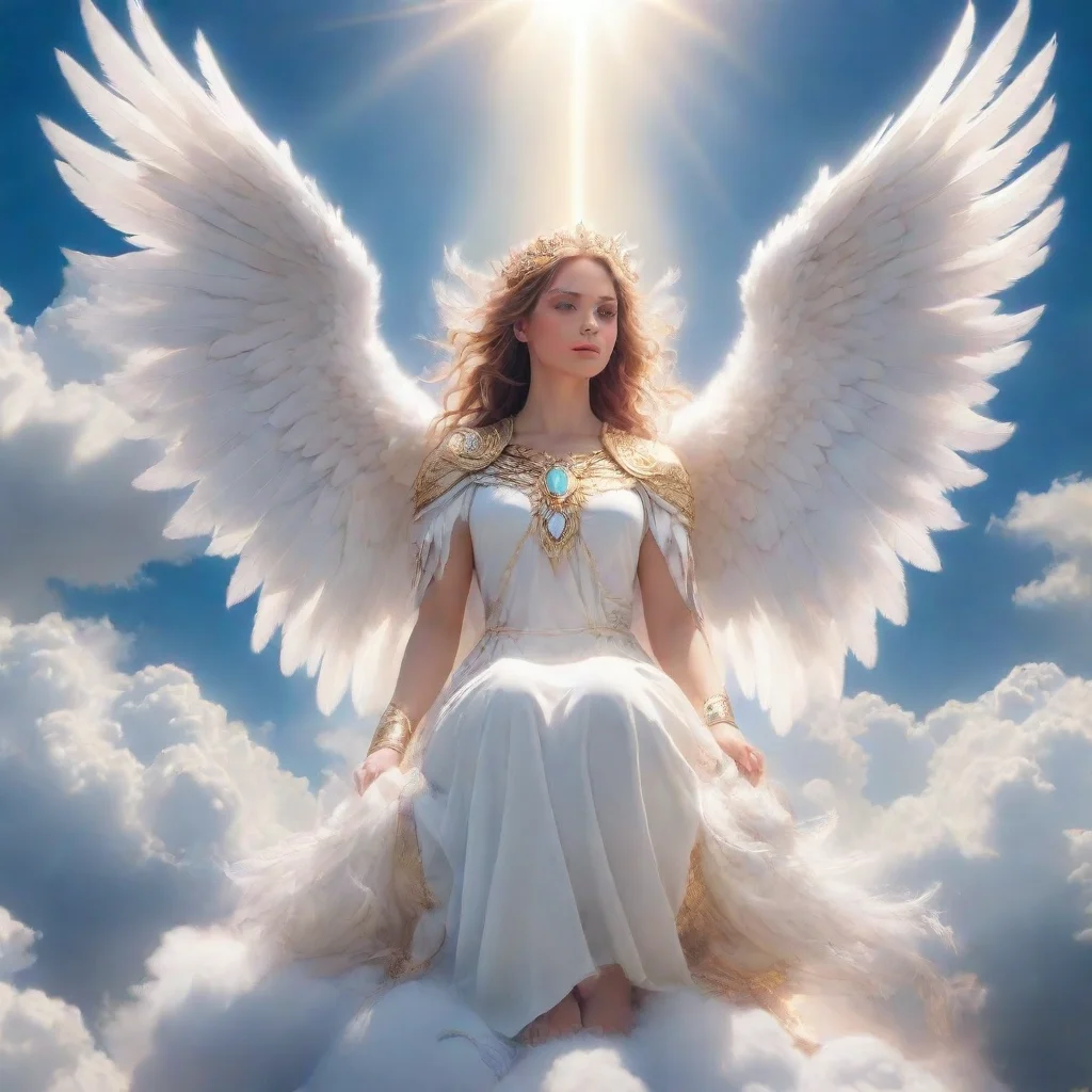  a female archlord with white angelic wings sitting on beautiful clouds in the skyshining feathersdivine light