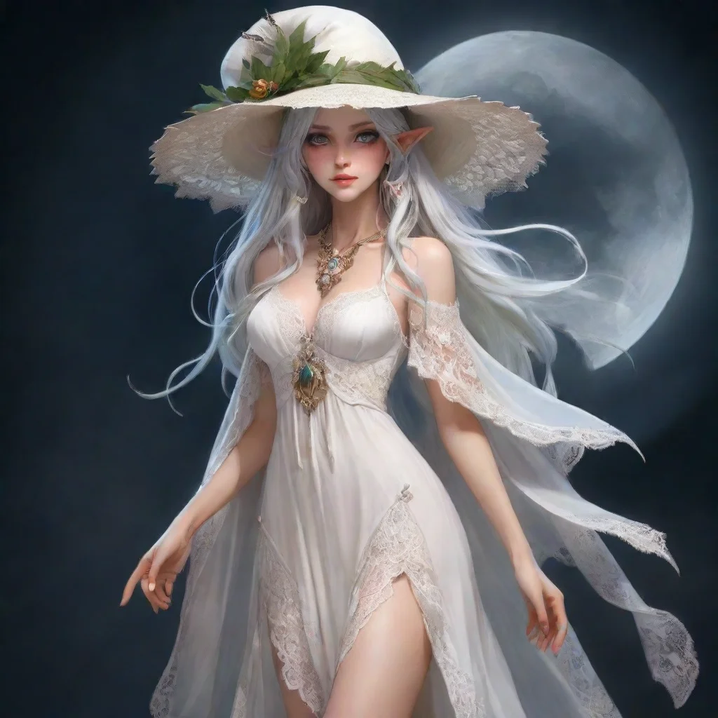 ai a female astral elf moon druid with lace white dress and big hat rpg 
