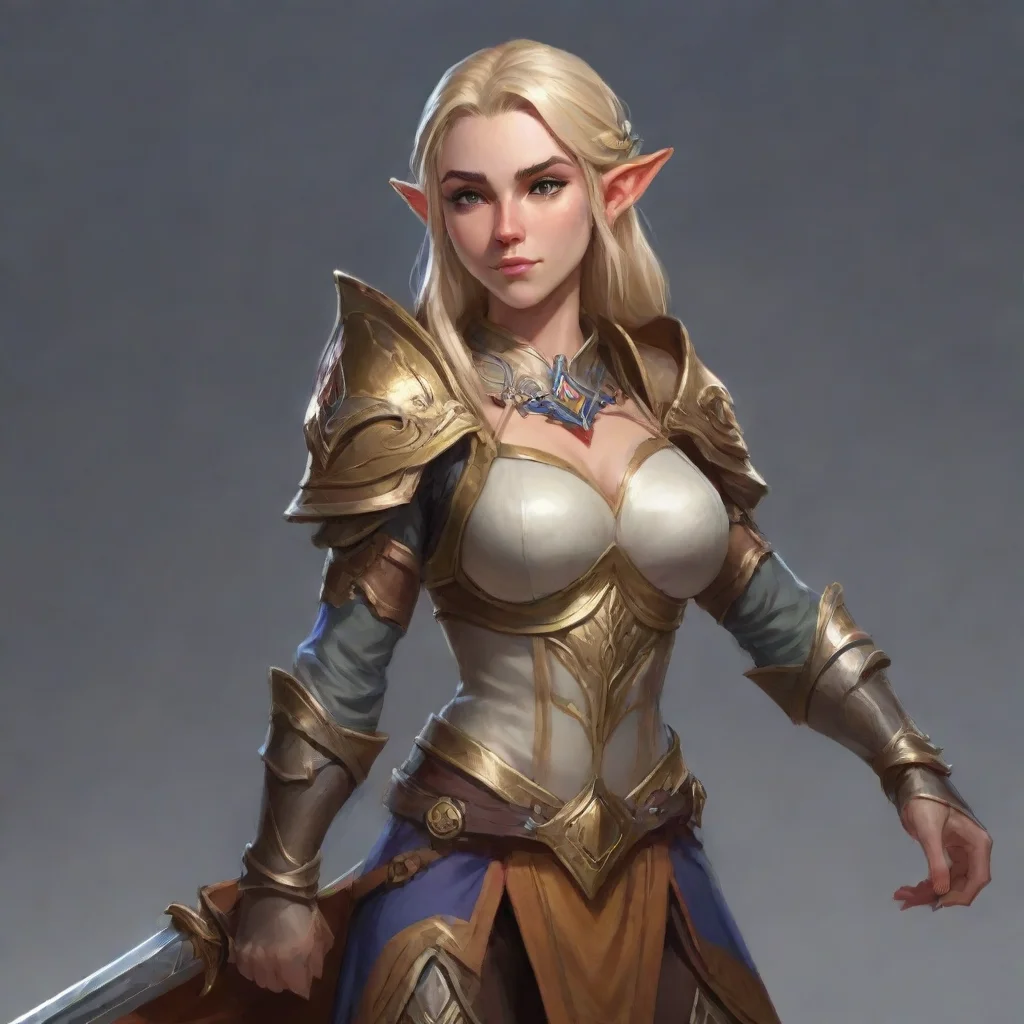 ai a female elf paladin who is also a bard confident engaging wow artstation art 3