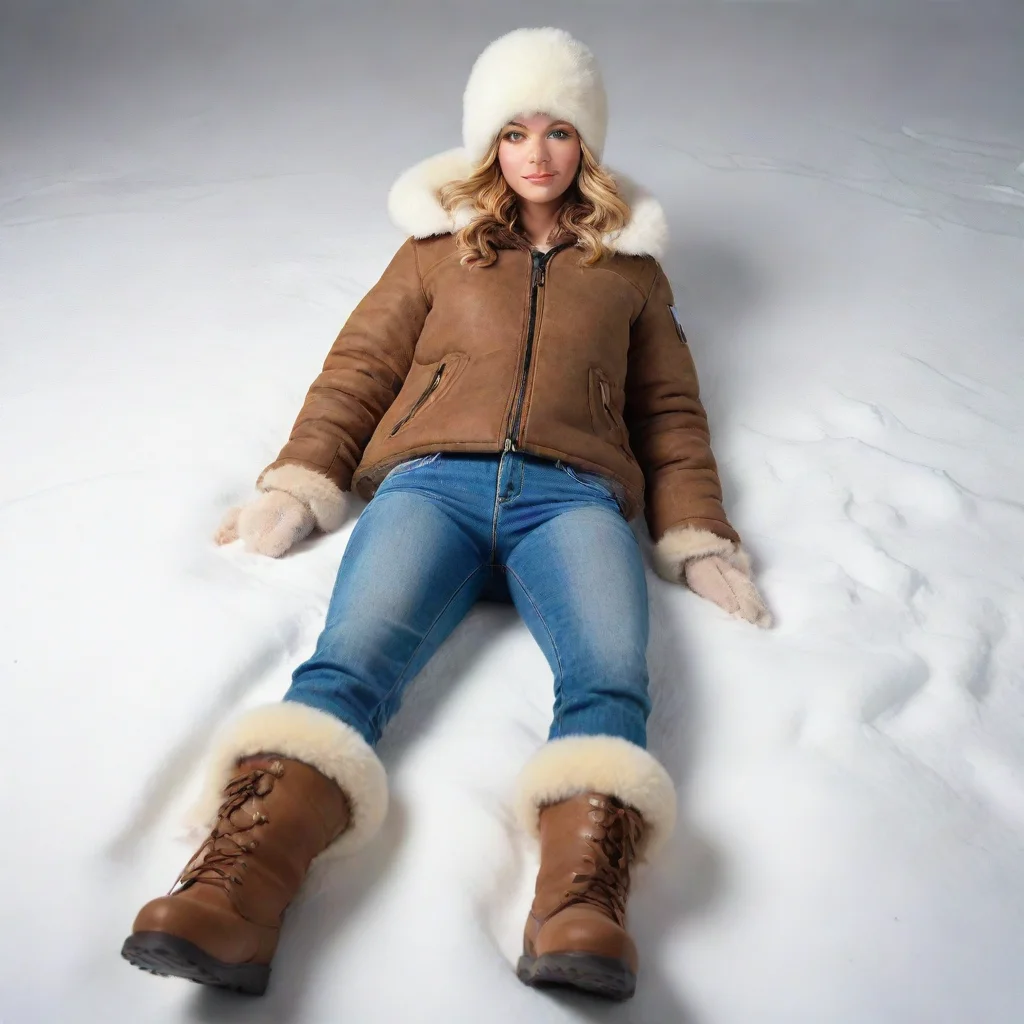  a female wears b3 shearling jackettight jeanstall snow boots and aviator hatshe is lying down with her legs widely openl