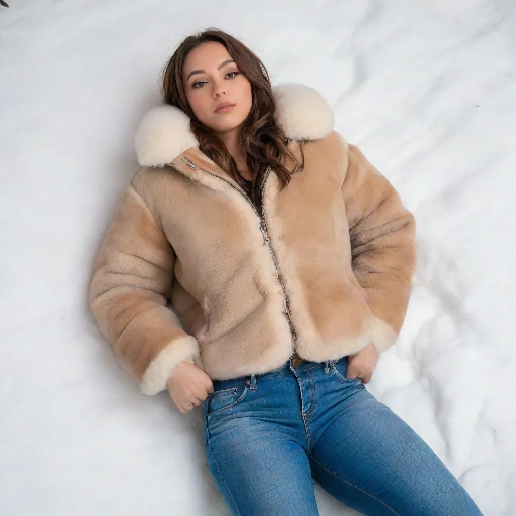  a female wears b3 shearling jackettight jeanstall snow bootsshe is lying downher crotch area is facing the camerawide