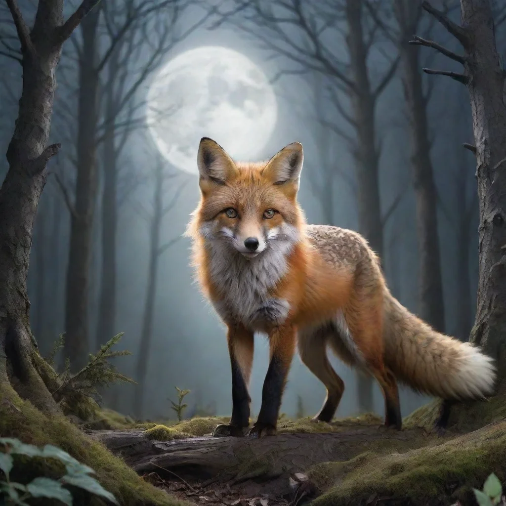ai a fox in a myterious forestthe moon is shining on his furhe looks scared 