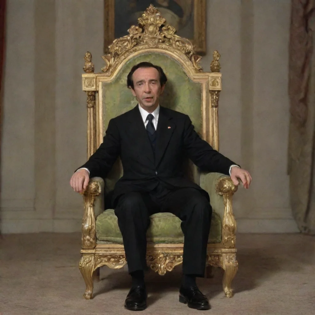 ai a frame from a 70s film by roberto benigni on a throne dressed as the president of the italian republic amazing awesome 