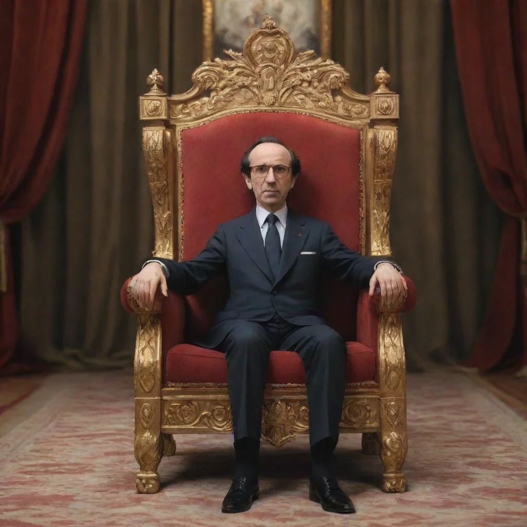 a frame from a 70s film by roberto benigni on a throne dressed as the president of the italian republic confident engagi