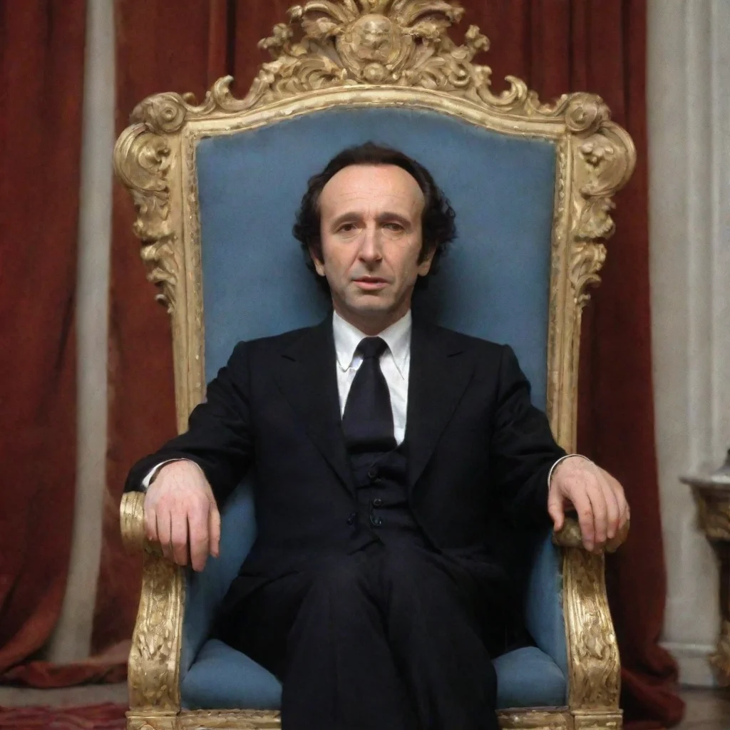  a frame from a 70s film by roberto benigni on a throne dressed as the president of the italian republic good looking tre