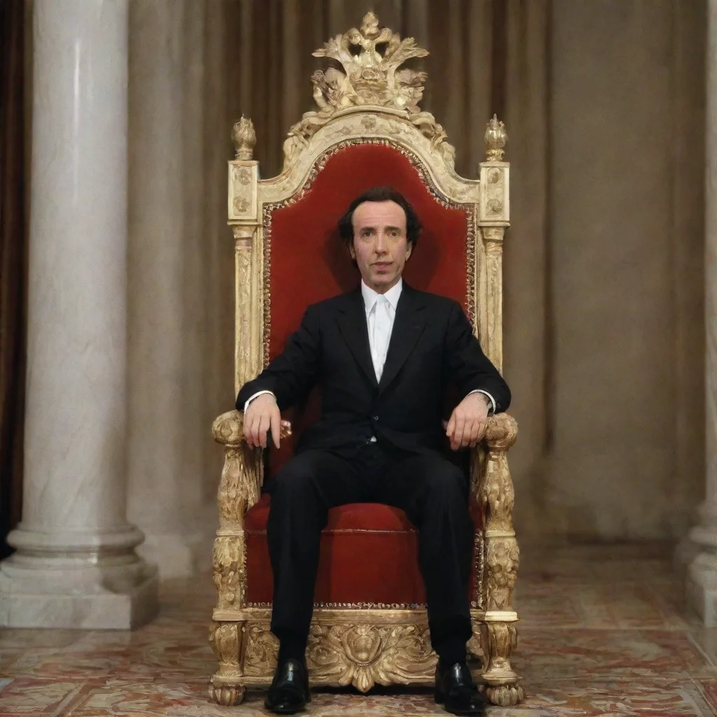  a frame from a 70s film by roberto benigni on a throne dressed as the president of the italian republic
