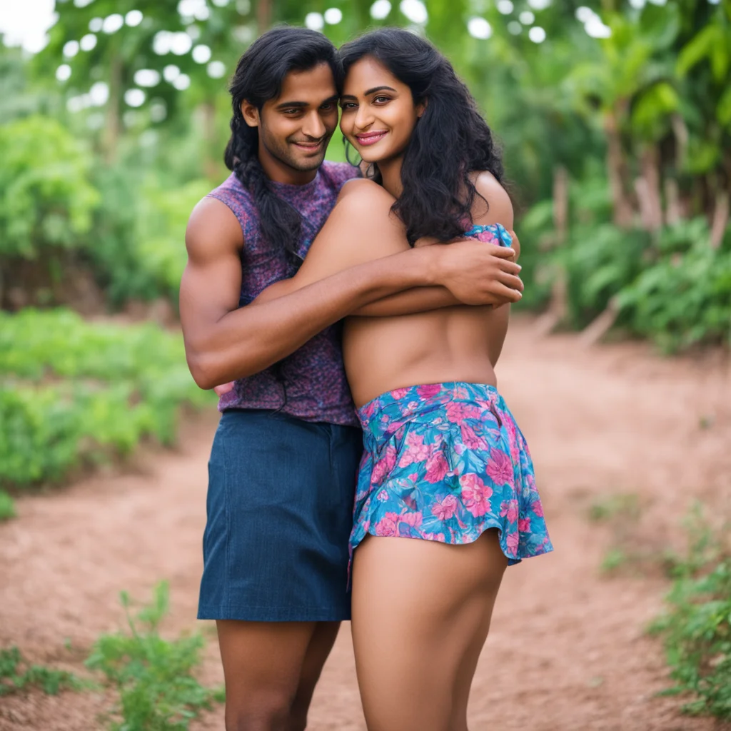 ai a full image of a girl wearing a skirt hugging her boyfriend.  name %27shashank and rutvi%27 is printed on her thighs%2C their faces are shown amazing awesome portrait 2