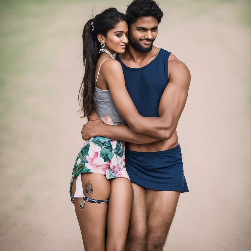 ai a full image of a girl wearing a skirt hugging her boyfriend.  name %27shashank and rutvi%27 is printed on her thighs%2C their faces are shown confident engaging wow artstation art 3