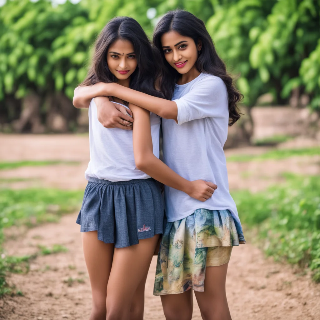 ai a full image of a girl wearing a skirt hugging her boyfriend.  name %27shashank and rutvi%27 is printed on her thighs%2C their faces are shown