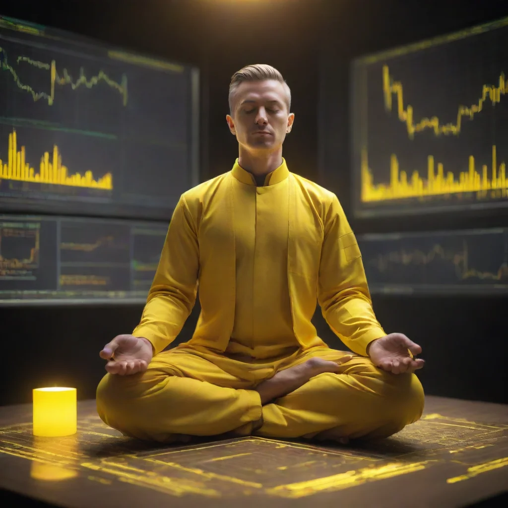 ai a futuristic trader meditating on the table in a lotos positionthe trader is glowing with a yellow color and has lots of