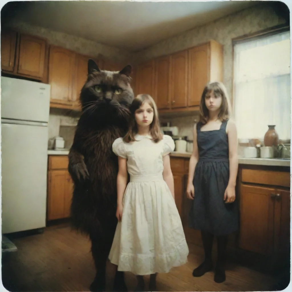 ai a giant cypress cat with a mean head in an old kitchen with two scared girlsuncanny horrorpolaroid