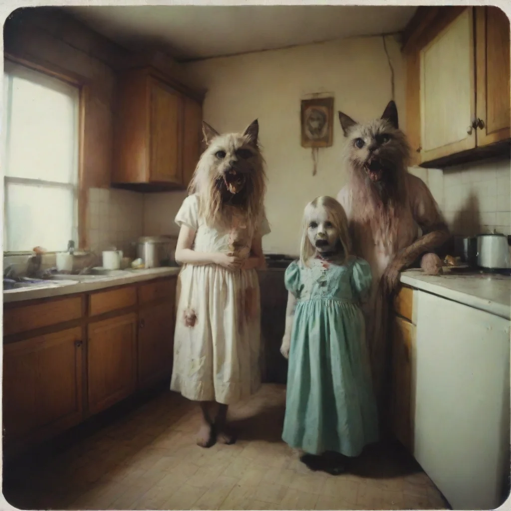 ai a giant cypress cat with a mean zombie head in an old kitchen with two scared girlsuncanny horrorpolaroid amazing awesom