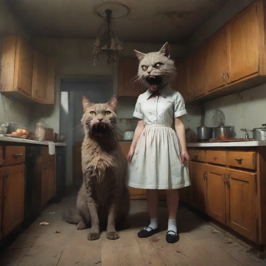 ai a giant cypress cat with a mean zombie head in an old kitchen with two scared girlsuncanny horrorpolaroid confident enga