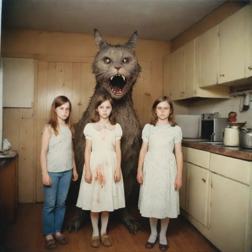  a giant cypress cat with a mean zombie head in an old kitchen with two scared girlsuncanny horrorpolaroid good looking t