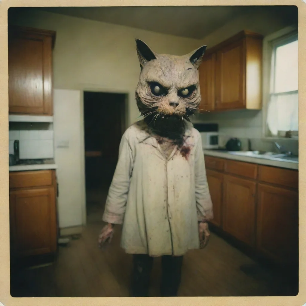 ai a giant cypress cat with a mean zombie mask in an old kitchenuncanny horrorpolaroid amazing awesome portrait 2