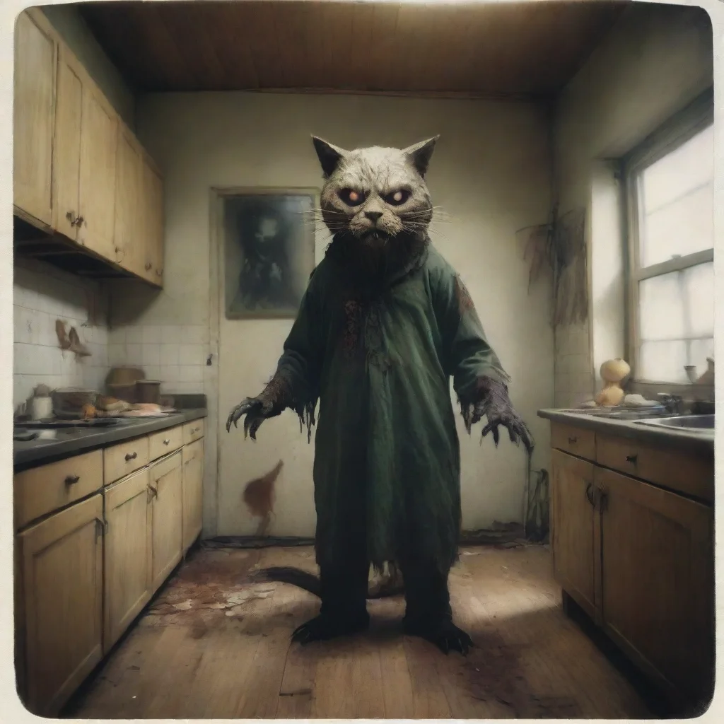 ai a giant cypress cat with a mean zombie mask in an old kitchenuncanny horrorpolaroid confident engaging wow artstation ar
