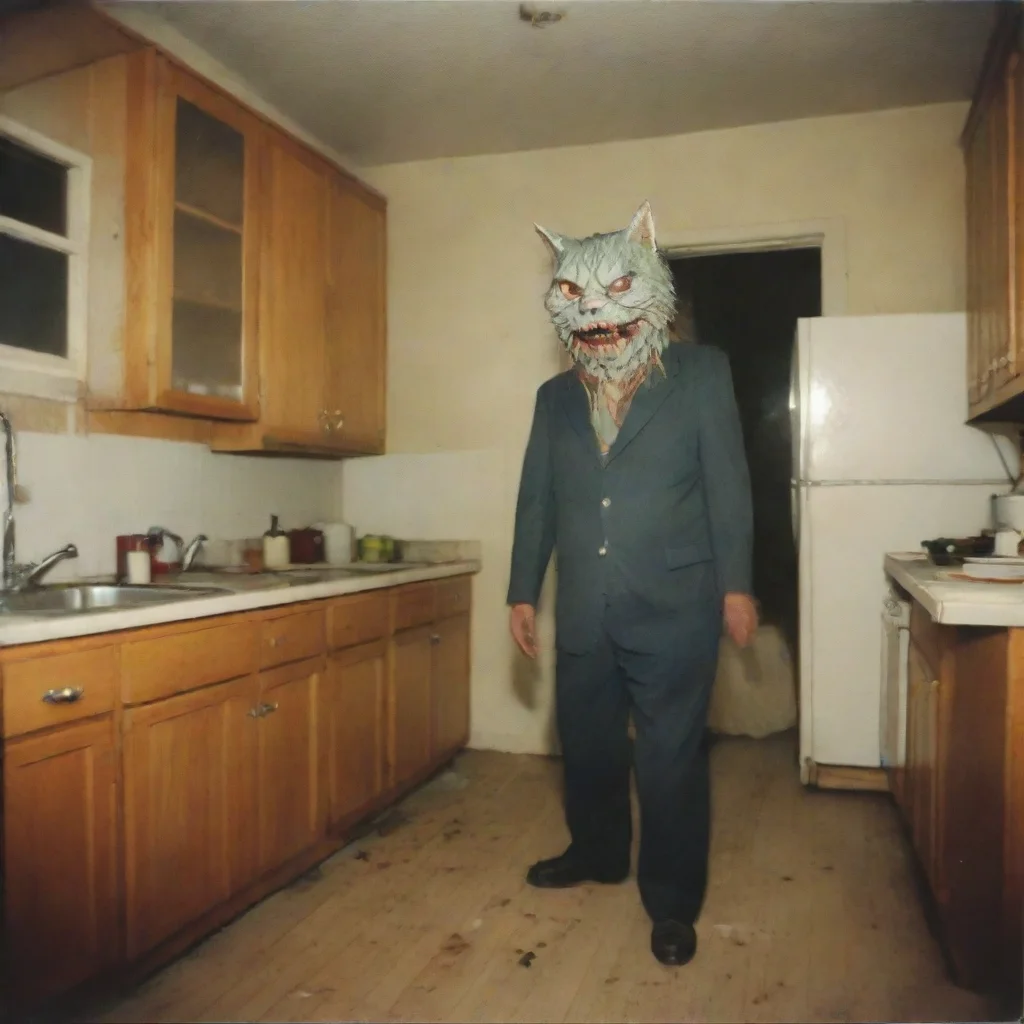 ai a giant cypress cat with a mean zombie mask in an old kitchenuncanny horrorpolaroid good looking trending fantastic 1