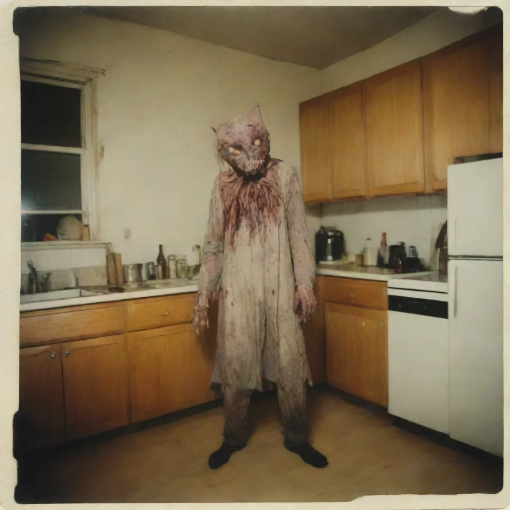  a giant cypress cat with a mean zombie mask in an old kitchenuncanny horrorpolaroid