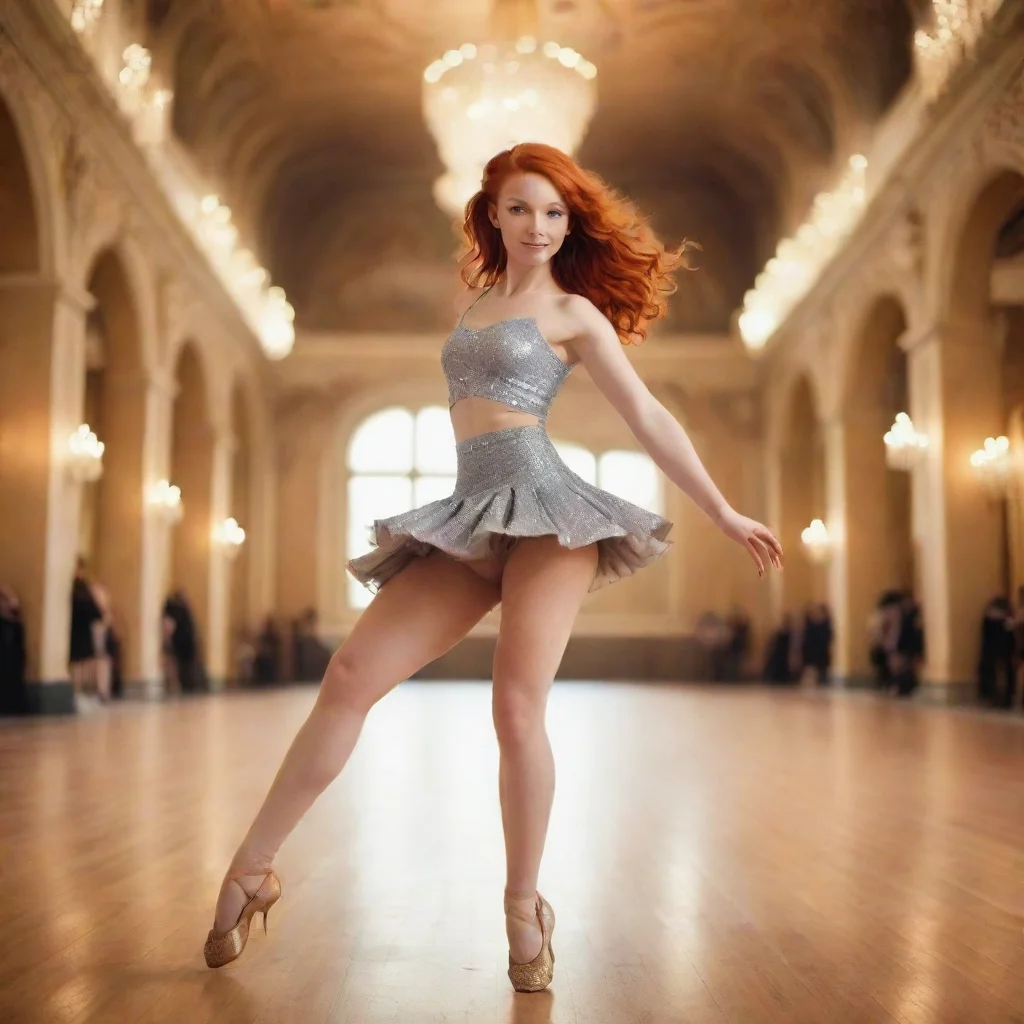 ai a ginger haired girl with short skirt dancing in a gigantic ballroom amazing awesome portrait 2 wide