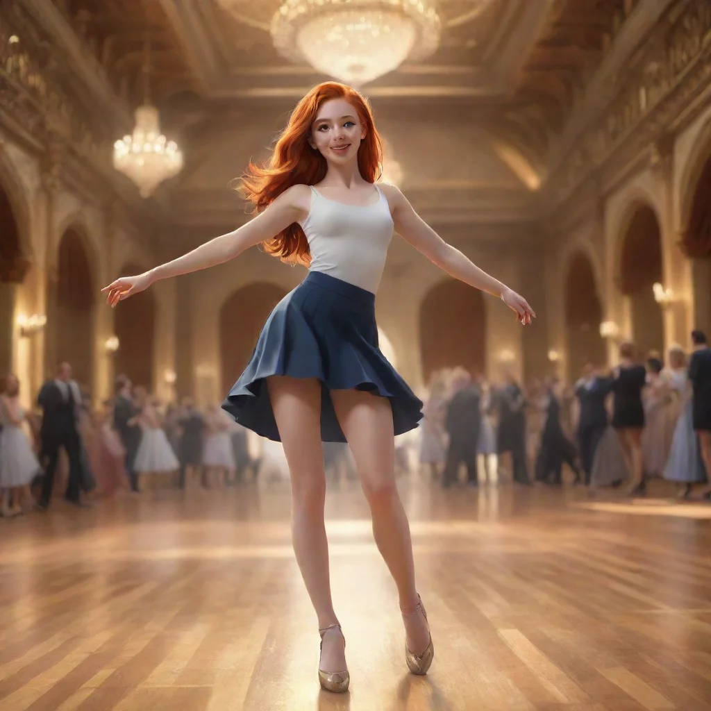 ai a ginger haired girl with short skirt dancing in a gigantic ballroom confident engaging wow artstation art 3 wide