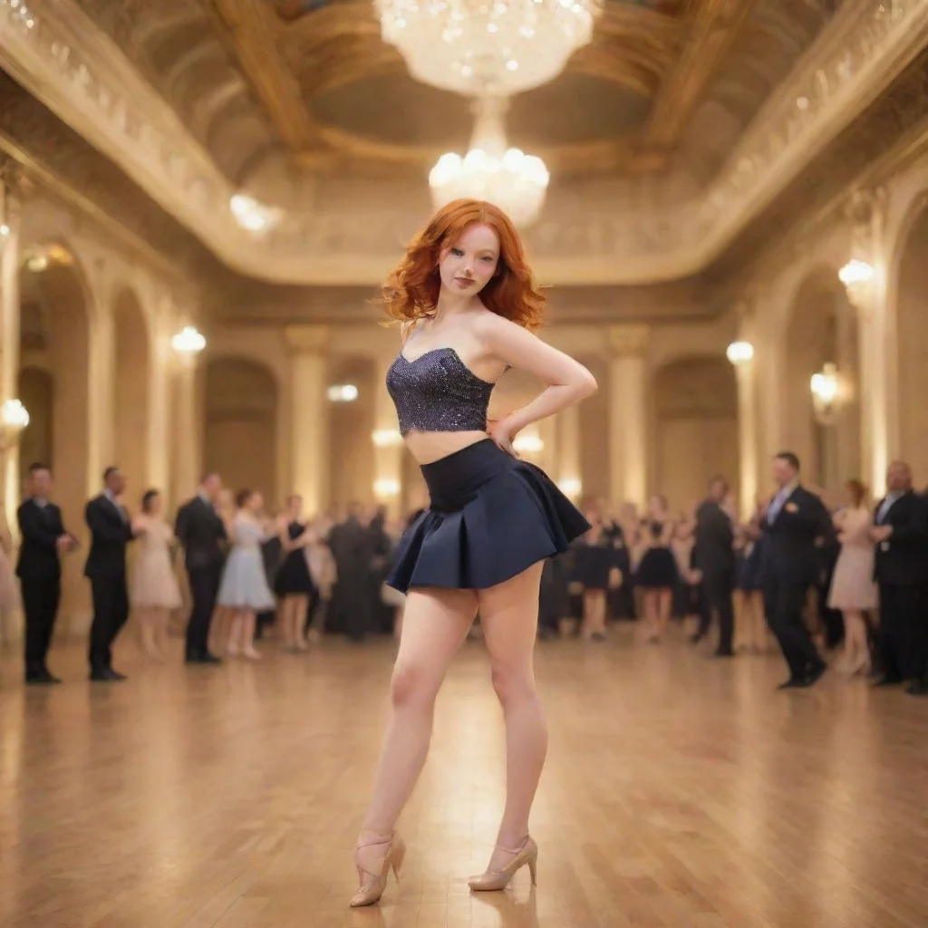 ai a ginger haired girl with short skirt dancing in a gigantic ballroom good looking trending fantastic 1 wide