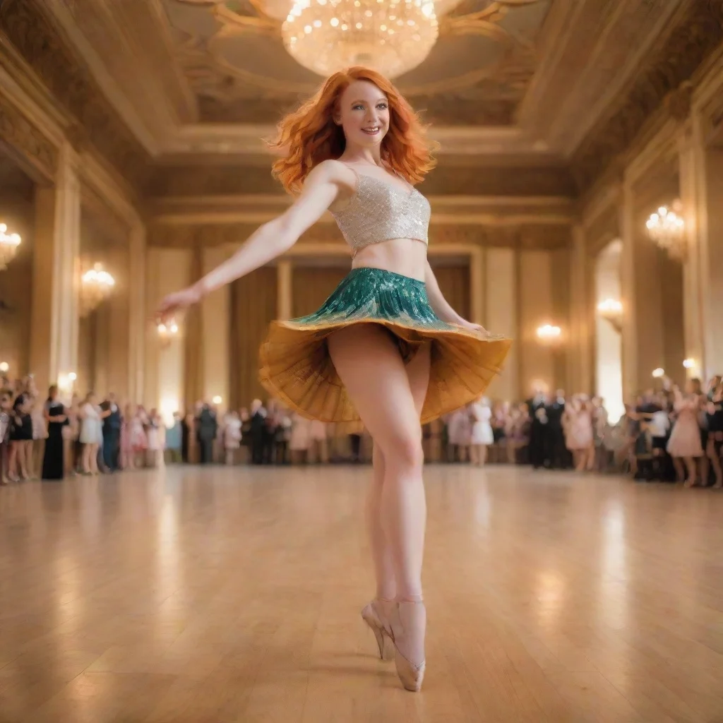  a ginger haired girl with short skirt dancing in a gigantic ballroom wide