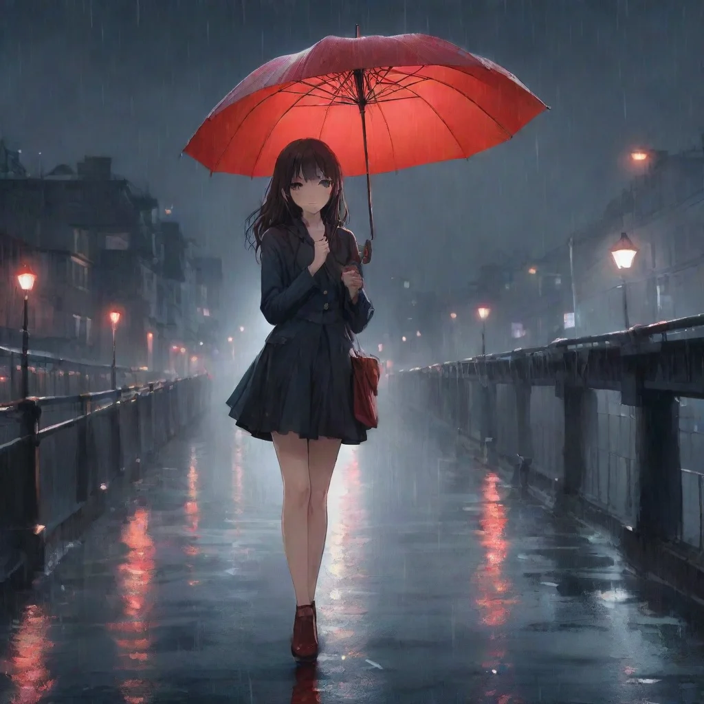  a girl holding an umbrella standing in front of a bridgeholding red umbrellaanime atmosphericnight time city backgroundr