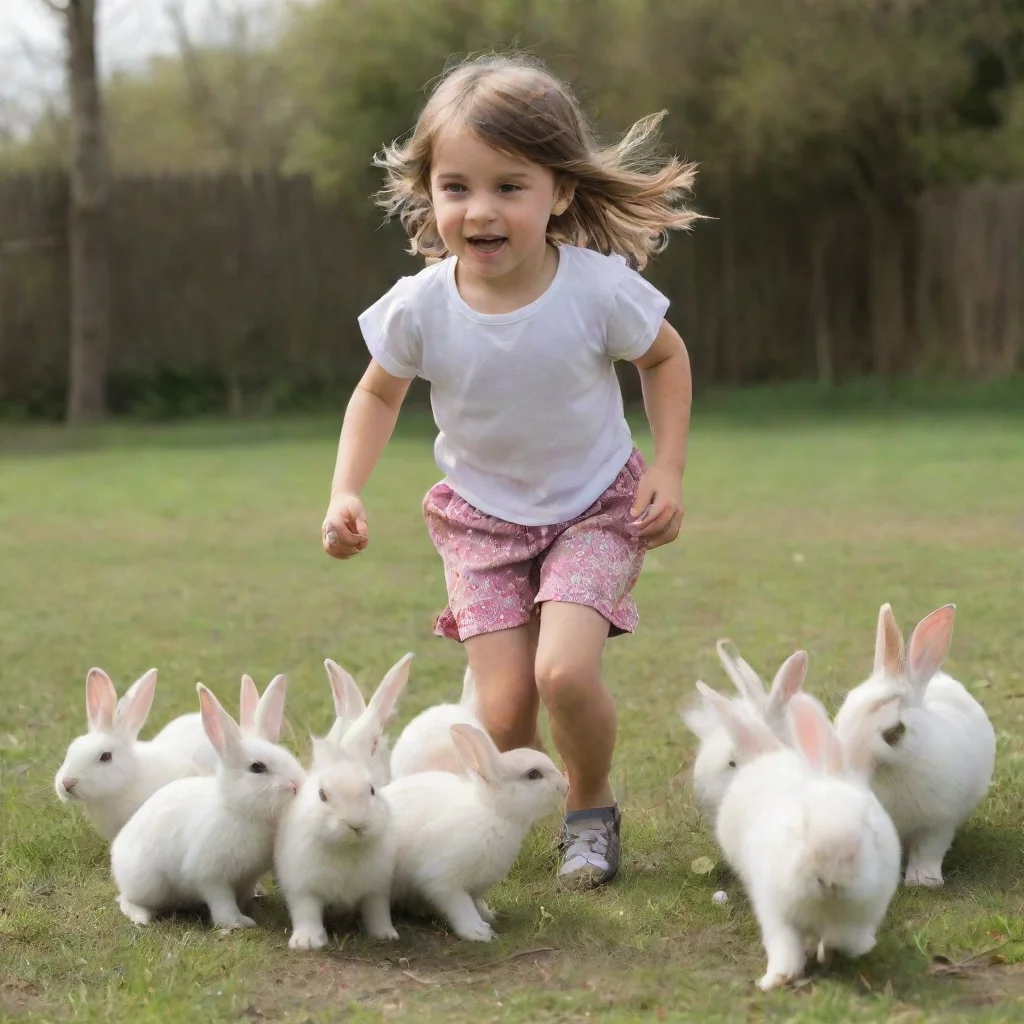  a girl runs and plays with a group of rabbits 