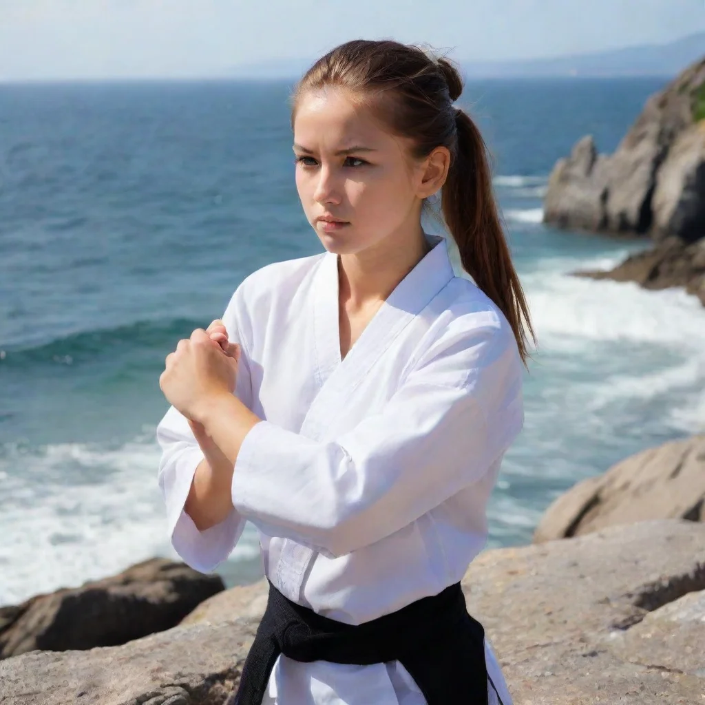  a girl with ponytail stadning in a rock beside the sea wearing a white shirts of karate