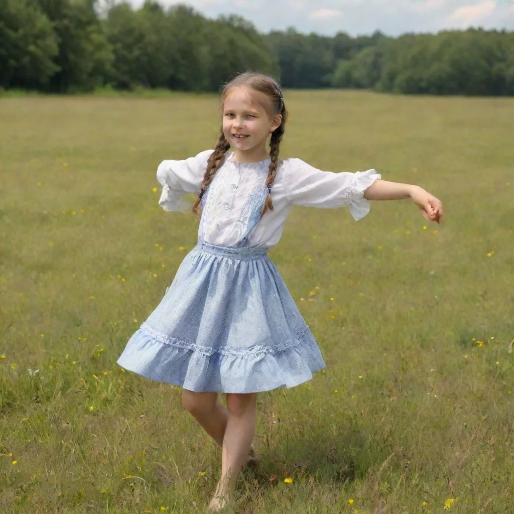 ai a girl with two pigtails dances a national dance in a meadow
