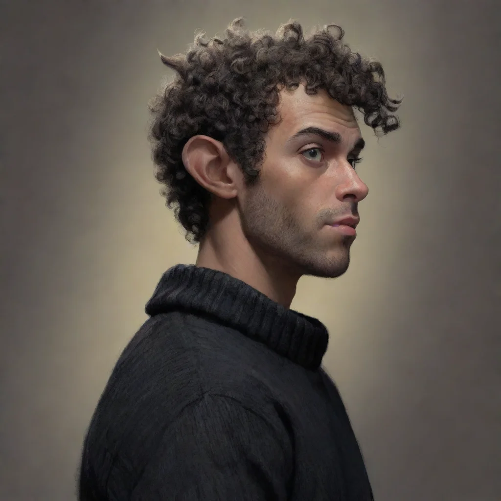  a goat human hybrid goat man short curly hairblack sweater podcast character looking left heroic