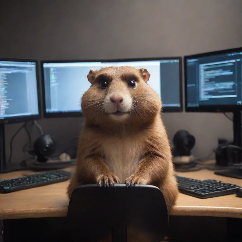 ai a golang gopher sitting in front of 3 monitors and a keyboard amazing awesome portrait 2 wide