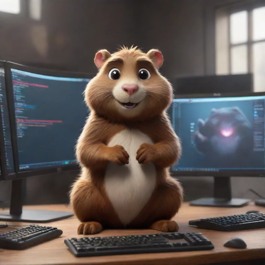 ai a golang gopher sitting in front of 3 monitors and a keyboard confident engaging wow artstation art 3 wide