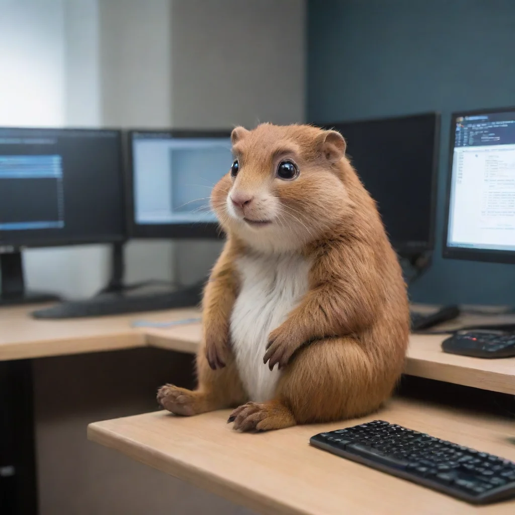  a golang gopher sitting in front of 3 monitors and a keyboard wide