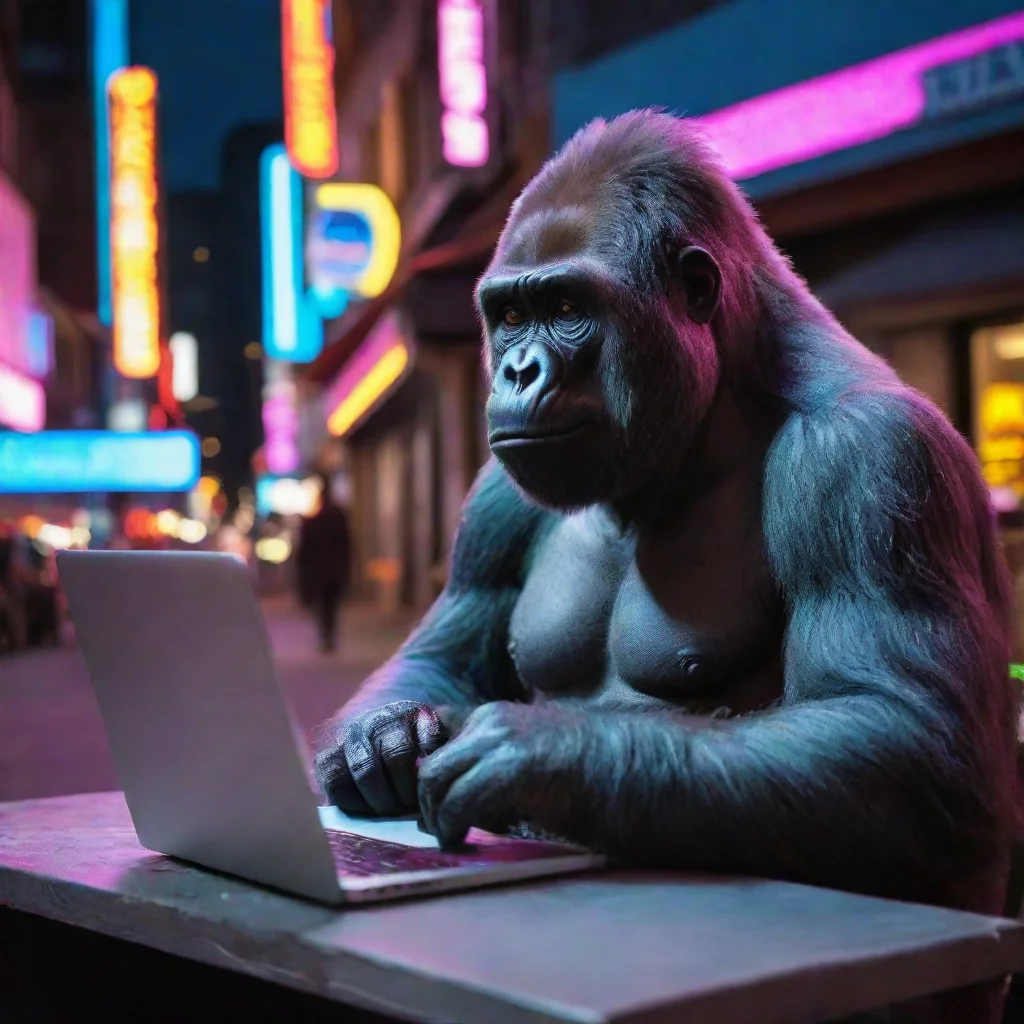  a gorilla in sitting in a neon city with a laptop and a coffee amazing awesome portrait 2