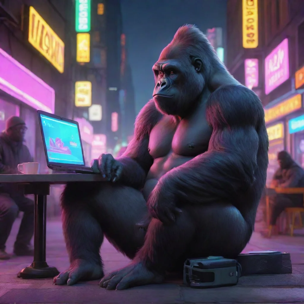 a gorilla in sitting in a neon city with a laptop and a coffee confident engaging wow artstation art 3