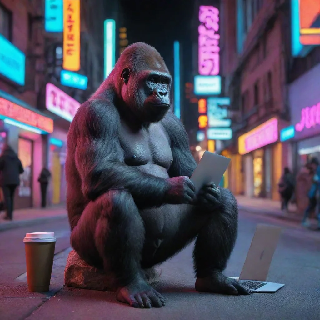  a gorilla in sitting in a neon city with a laptop and a coffee good looking trending fantastic 1