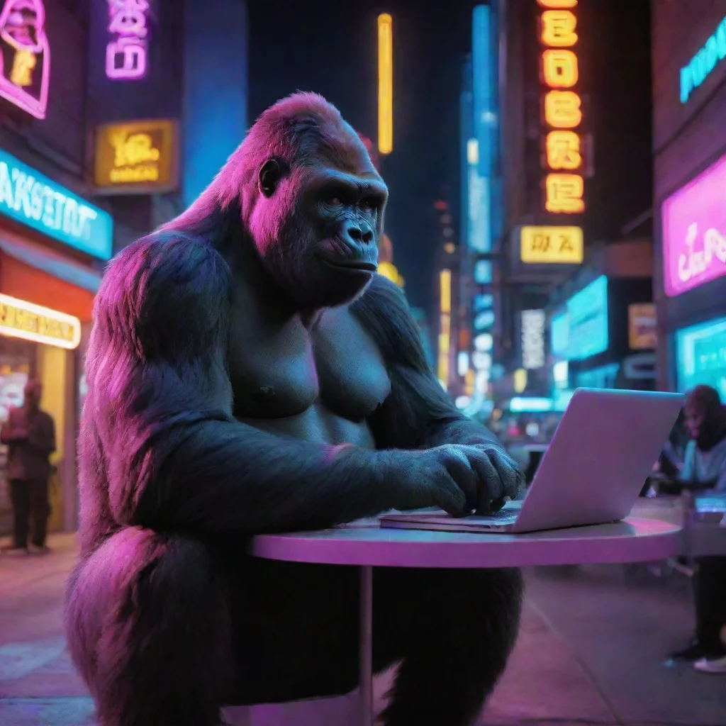 ai a gorilla in sitting in a neon city with a laptop and a coffee
