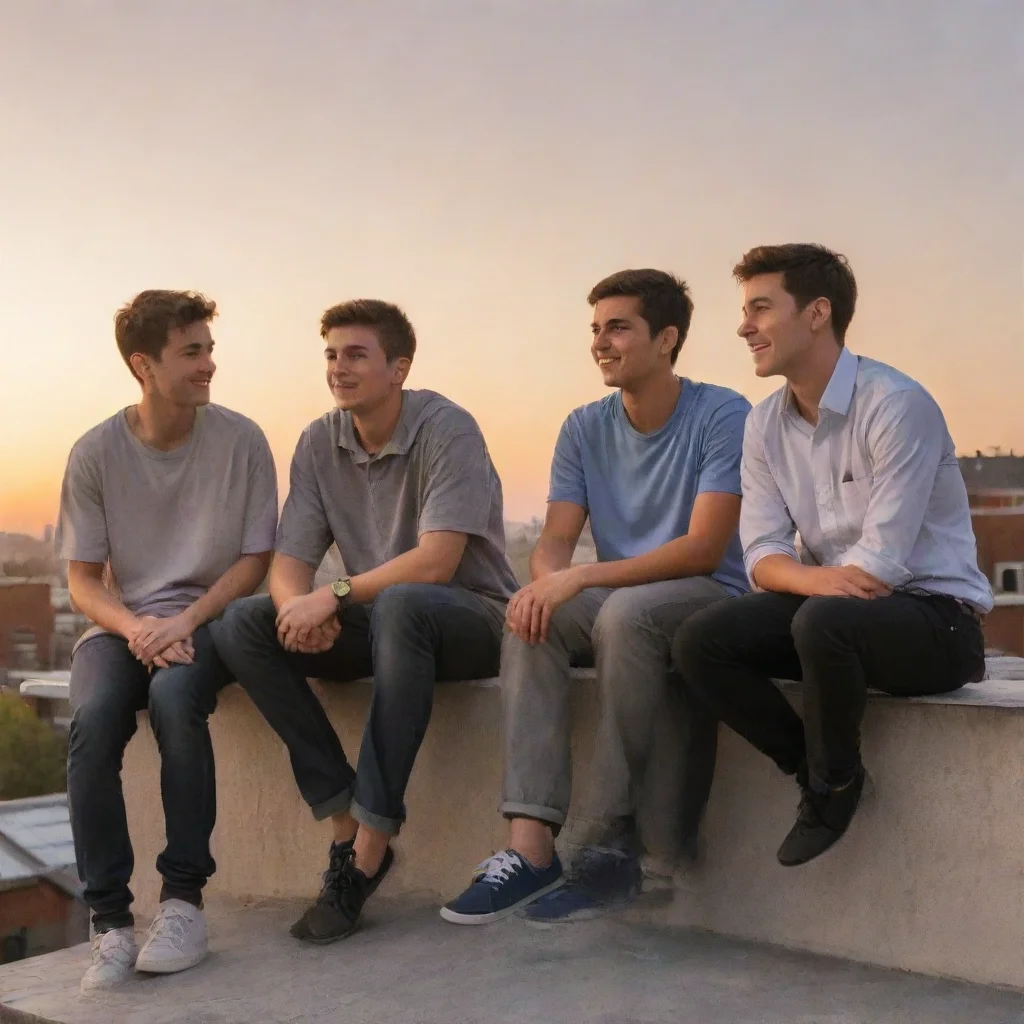 ai a group of 4 male students sitting at a rooftop while sunset happens tall