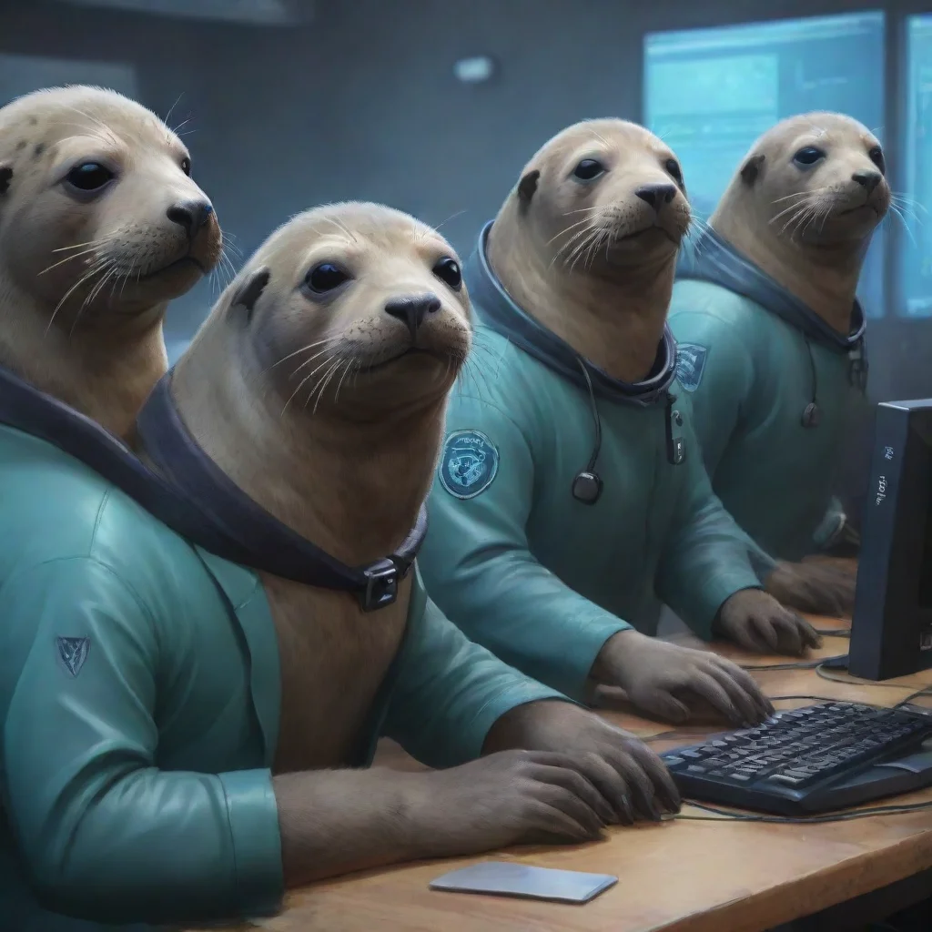 ai a group of seals using computers with hacker outfits confident engaging wow artstation art 3