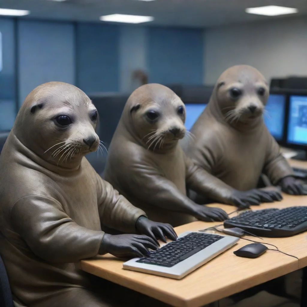 ai a group of seals using computers with hacker outfits