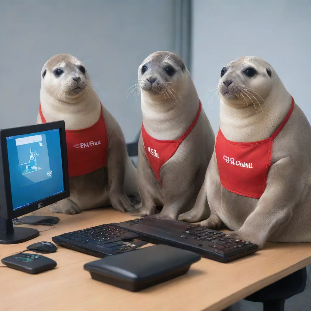 ai a group of three seals using computersone wears an epfl outfitone an unil outfitand one a heig vd outfit