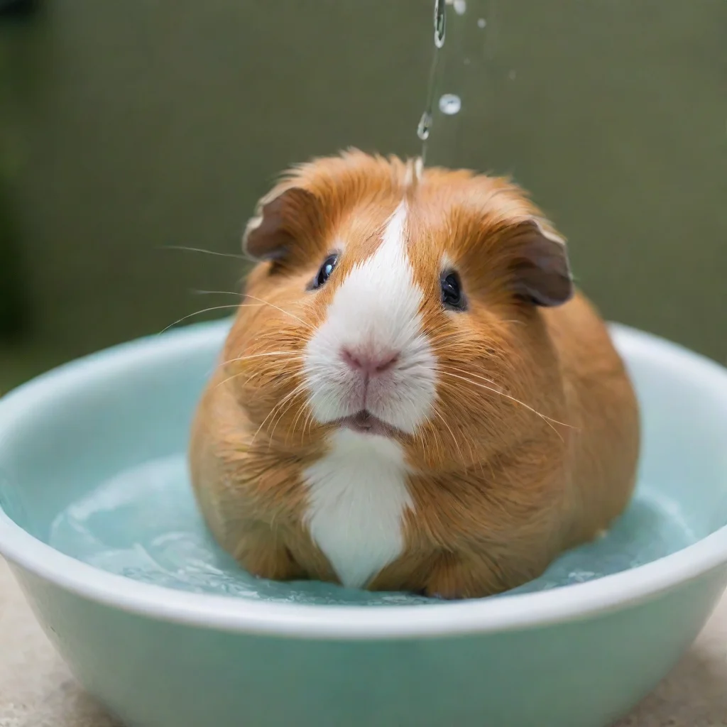 ai a guinea pig doing the back stroke in a small bowl of water