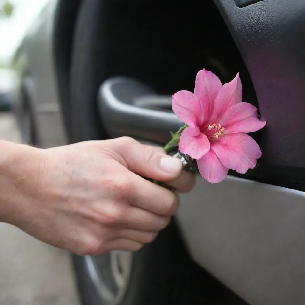  a hand inserts a pink flower into the exhaust pipe of a car amazing awesome portrait 2 wide